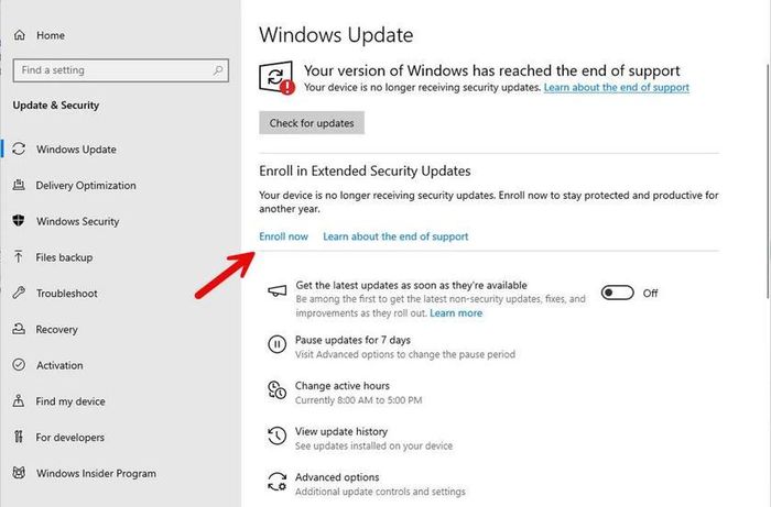 Trên thiết bị cá nhân chạy phiên bản Windows 10 mới nhất, bạn sẽ tìm thấy liên kết này để đăng ký nhận Bản cập nhật bảo mật mở rộng.
