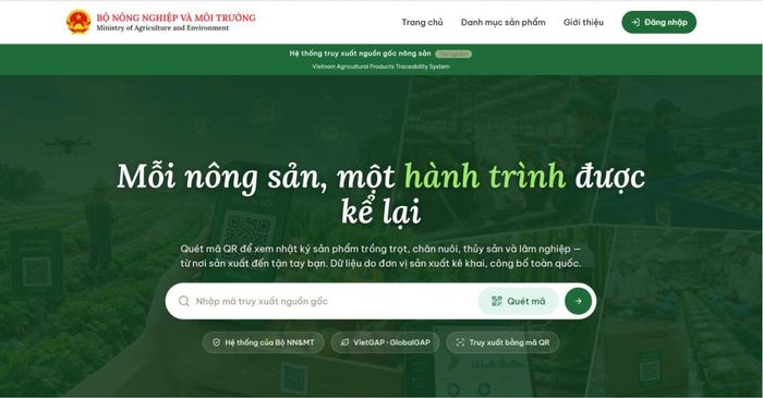 Giao diện Hệ thống truy xuất nguồn gốc nông sản Việt Nam.