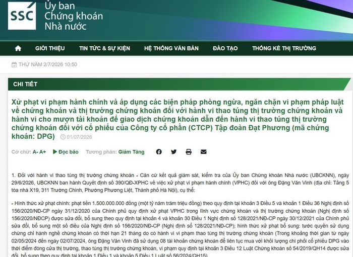 Ủy ban Chứng khoán Nhà nước quyết định phạt ông Đặng Văn Vinh số tiền 1,5 tỷ đồng