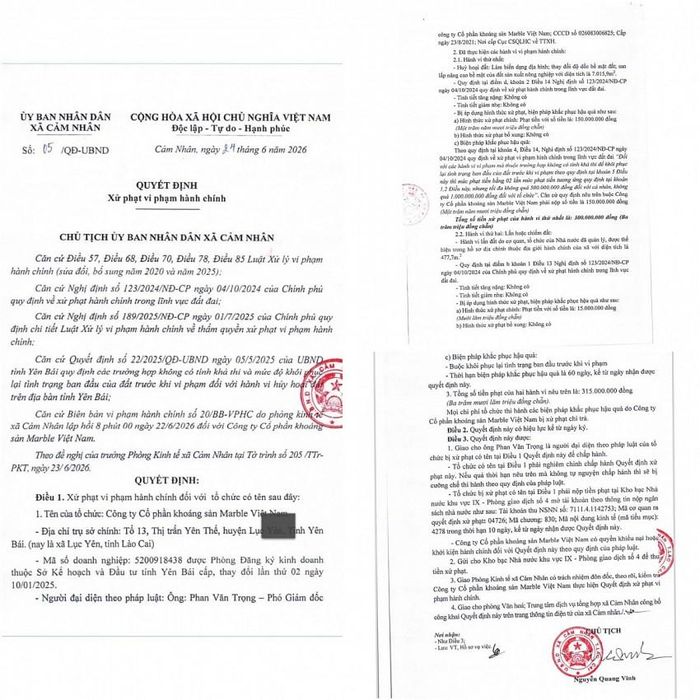 Quyết định số 05/QĐ-UBND ký ngày 24/6/2026, về việc xử phạt 315 triệu đồng đối với Công ty Cổ phần khoáng sản Marble Việt Nam do thực hiện nhiều hành vi vi phạm nghiêm trọng trong lĩnh vực đất đai.