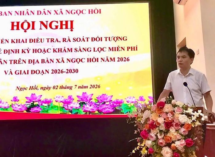 Phó Chủ tịch UBND xã Ngọc Hồi Tạ Đăng Doanh phát biểu tại hội nghị. Ảnh: PV