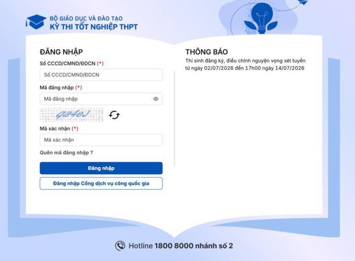  Giao diện đăng nhập hệ thống tuyển sinh của Bộ Giáo dục và Đào tạo. 