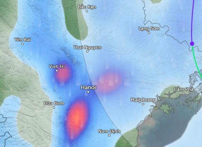 Dự báo mưa ở một số khu vực tại miền Bắc chiều tối đến tối nay (những vùng màu xanh da trời và đỏ). Ảnh: Zoom Earth, OpenStreetMap, ICON.