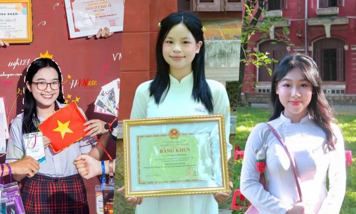 3 học sinh cùng lớp đạt 9,75 điểm môn Văn của trường THPT chuyên Quốc học Huế. (Ảnh: Huế ngày nay)