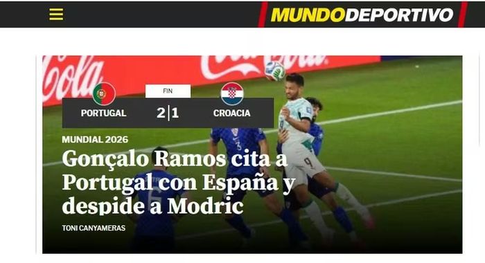  Tờ Mundo Deportivo viết "Goncalo Ramos đưa Bồ Đào Nha chạm trán Tây Ban Nha và tiễn Modric về nước". 
