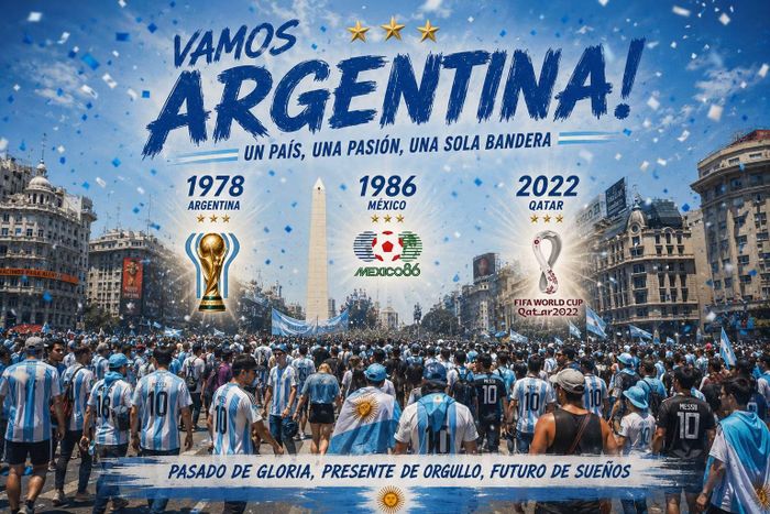 Các cổ động viên Argentina đổ ra quảng trường trung tâm thủ đô Buenos Aires ăn mừng chức vô địch World Cup 2022, chức vô địch thế giới lần thứ 3 trong lịch sử (Ảnh có sử dụng AI).