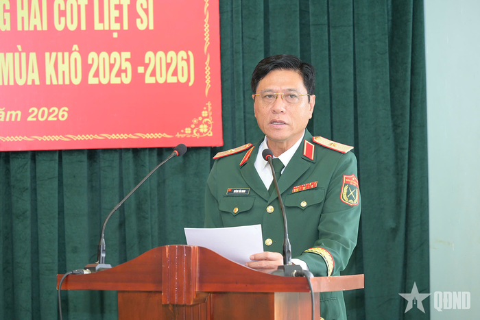 Thiếu tướng Huỳnh Văn Ngon, Phó chính ủy, Trưởng ban chỉ đạo 515 Quân khu 9 phát biểu tại Lễ đón Đội K90 tìm kiếm, quy tập, hồi hương hài cốt liệt sĩ hy sinh tại Campuchia, giai đoạn XXV.