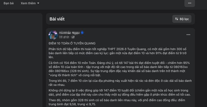 Thông tin điểm toán cao bất thường ở Tuyên Quang đang thu hút sự quan tâm từ mạng xã hội. Ảnh: Facebook Vũ Khắc N.