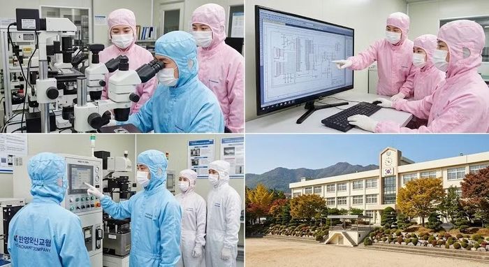 Học sinh Trường trung học Bán dẫn Chungbuk đến lớp với bộ trang phục bảo hộ quen thuộc.