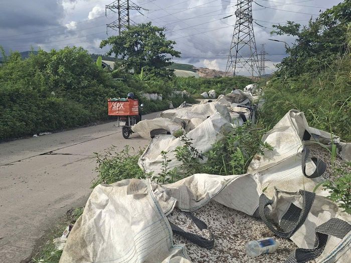 Những bao tải lớn chứa phôi nhựa công nghiệp để phơi nắng phơi mưa lấn áp cả đường đi vào trụ sở của 3 công ty nằm trên địa phận phường Vàng Danh
