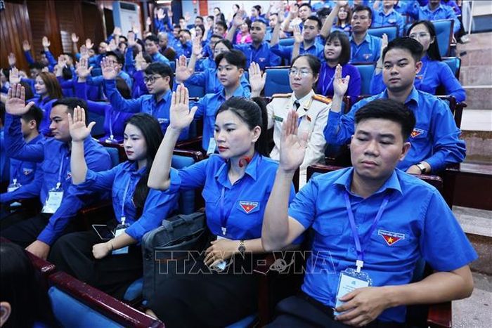 Các đại biểu biểu quyết tại Hội nghị đại biểu Hội Liên hiệp thanh niên Việt Nam thành phố Hà Nội. Ảnh: Minh Đức/TTXVN