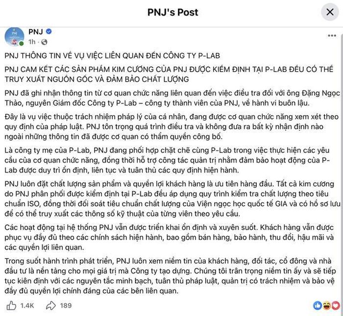 PNJ thông tin về vụ việc liên quan đến Công ty P-Lab (Ảnh: Facebook).