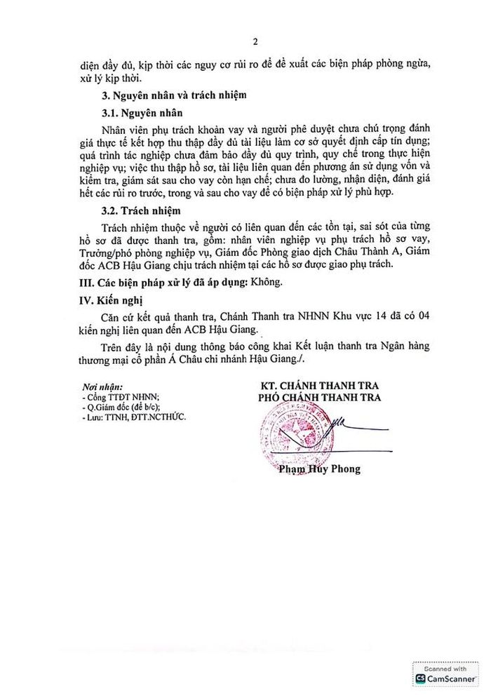 Jết luận thanh tra đối với chi nhánh Hậu Giang của Ngân hàng TMCP Á Châu (Ảnh: SBV).