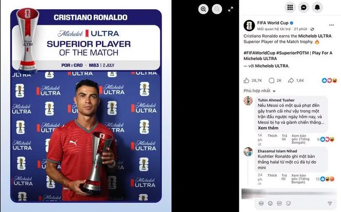 Bài đăng của FIFA World Cup về việc Cristiano Ronaldo nhận danh hiệu Cầu thủ xuất sắc nhất trận gây nhiều tranh luận trên mạng xã hội. Ảnh chụp màn hình.