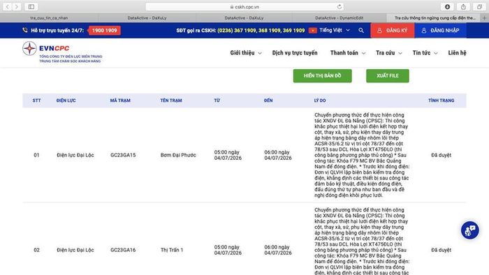 Lịch tạm ngừng cung cấp điện Đà Nẵng ngày mai 4/7 cập nhật 9h00 ngày 3/7 trên website của Điện lực Đà Nẵng. Ảnh: BNEWS