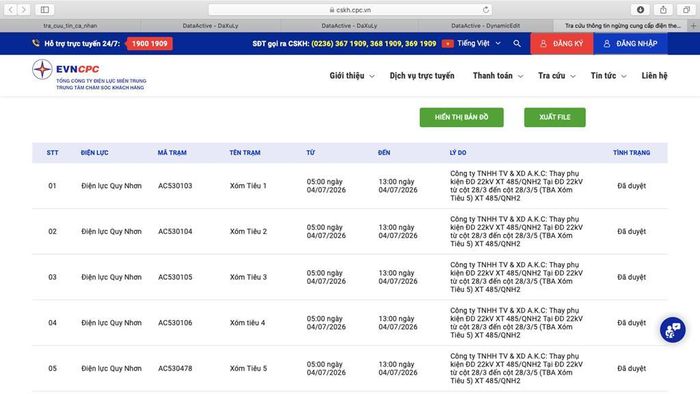 Lịch cắt điện Gia Lai ngày mai 4/7 trên website của EVNCPC cập nhật 9h00 ngày 3/7. Ảnh: Bnews/vnanet.vn