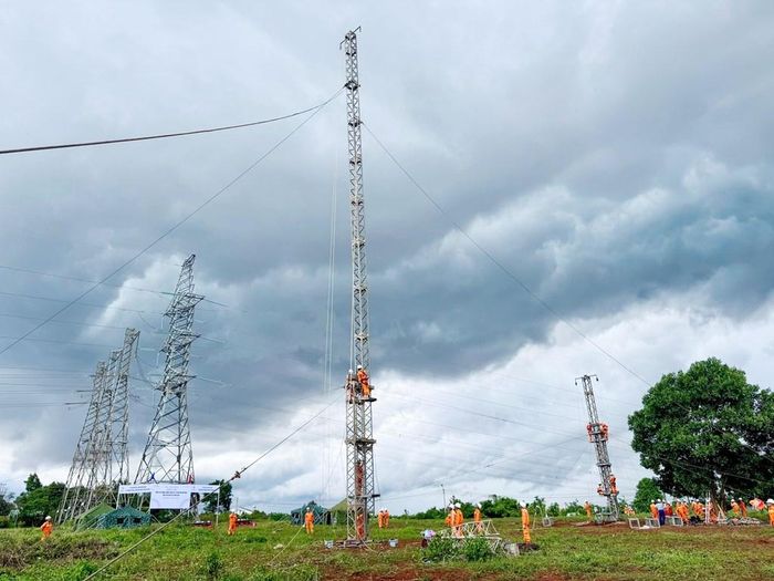 Lực lượng tham gia thực hành lắp dựng cột đỡ H-KEMA cho đường dây 500kV. Ảnh: PTC3
