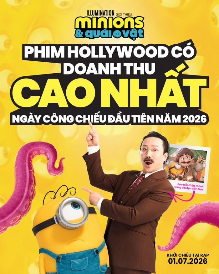 Minions & Quái Vật có sự tham gia lồng tiếng của Trấn Thành là phim Hollywood có doanh thu ngày công chiếu đầu tiên cao nhất tại Việt Nam năm 2026. Ảnh: FBNV