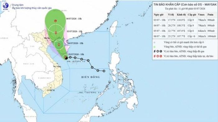 Bản đồ dự báo quỹ đạo của bão số 1 lúc 11h00 ngày 03/7/2026. Ảnh: nchmf.gov.vn