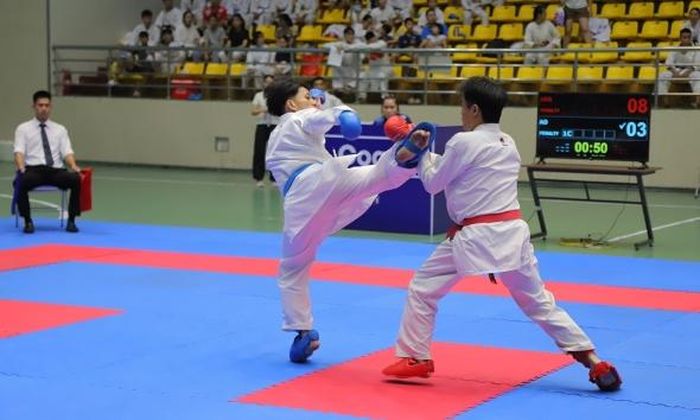  Trận tranh tài môn karate nội dung kumite đối kháng cá nhân nam hạng 50 kg. 