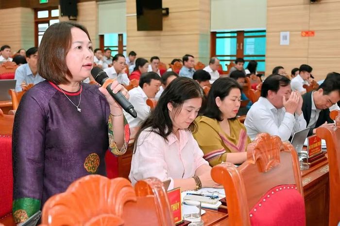  Bí thư Đảng ủy xã Canh Vinh Nguyễn Thị Thu Thủy tham gia phát biểu tại hội nghị. Ảnh: Đức Thụy 