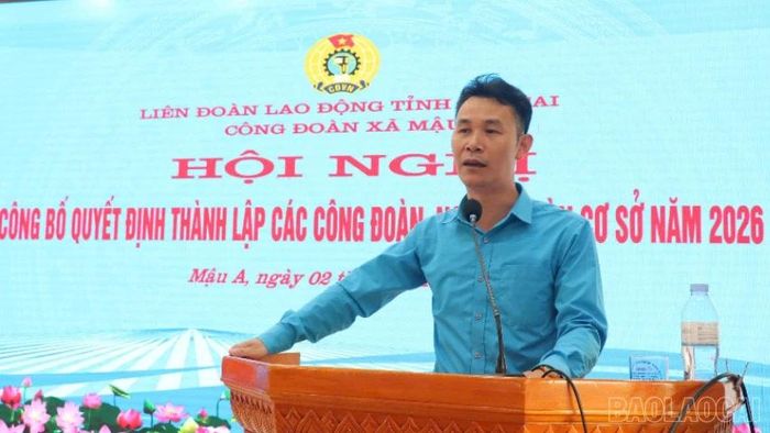 Đồng chí Vũ Cao Minh, Phó Chủ tịch Thường trực Liên đoàn Lao động tỉnh phát biểu tại hội nghị.