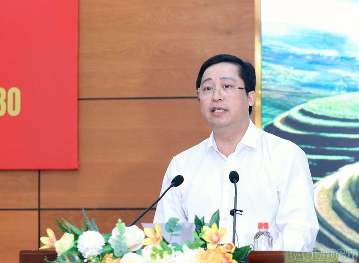 Đồng chí Dương Quốc Huy - Ủy viên Ban Chấp hành Trung ương Đảng, Bí thư Tỉnh ủy Lào Cai phát biểu tại buổi làm việc.