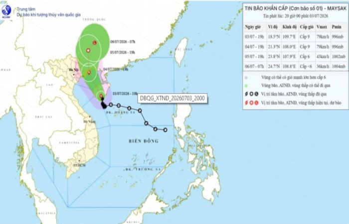 Bản đồ dự báo quỹ đạo và cường độ bão số 01, phát lúc 20h00 ngày 03/7/2026.