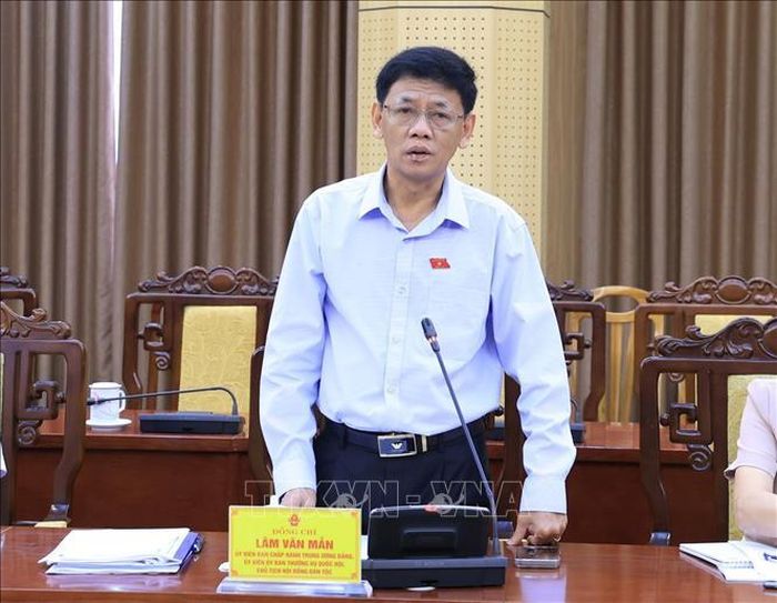 Chủ tịch Hội đồng Dân tộc Lâm Văn Mẫn phát biểu kết luận buổi làm việc. Ảnh: Hoàng Hải - TTXVN