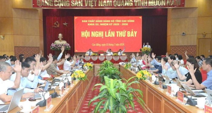 Các đại biểu biểu quyết thông qua Nghị quyết Hội nghị lần thứ bảy của Ban Chấp hành Đảng bộ tỉnh khóa XX.