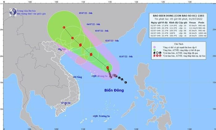 Dự báo vị trí và hướng đi bão số 1.