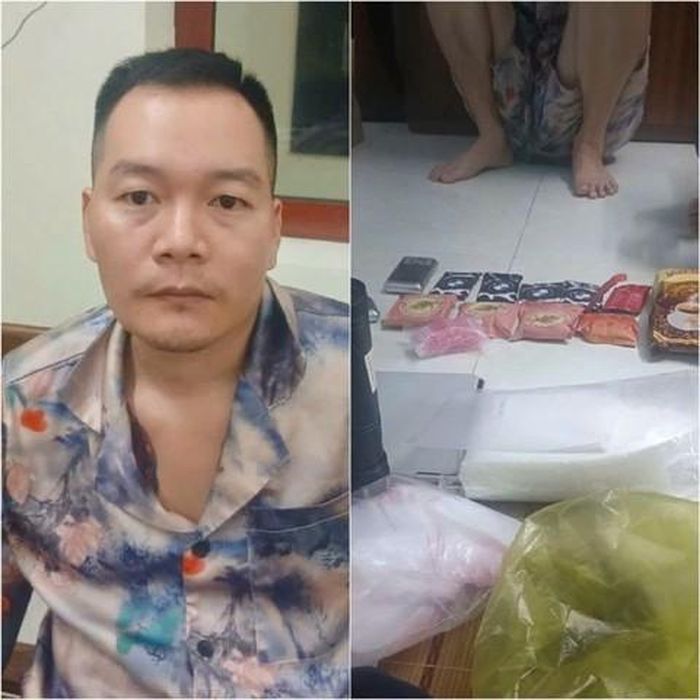 Trùm ma túy Hoàng Trung Hiếu cùng tang vật.