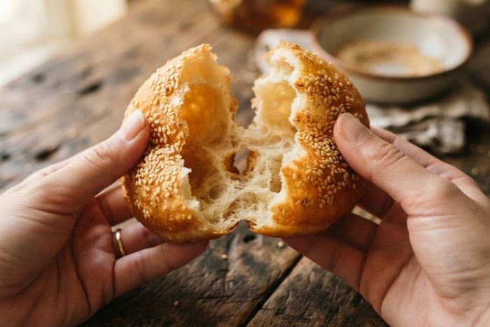 Bánh tiêu Việt Nam là món ăn vặt dân dã với hương vị đặc trưng: lớp vỏ vàng rụm, giòn dai quyện cùng vị ngọt thanh của đường và vị bùi bùi, thơm nồng của mè trắng. Phần ruột bánh rỗng, mềm xốp, đôi khi thoảng hương thơm nhẹ từ bột nở. (Ảnh: BNC)