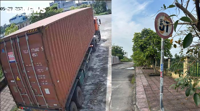 Mặc dù có biển cảnh báo xe ô tô có tải trọng vượt quá 5 tấn không được vào khu dân cư này nhưng xe container vẫn đi vào chở hàng hóa cho doanh nghiệp.