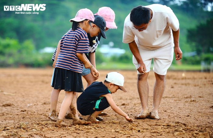 “Khối nghỉ hè” trải nghiệm bắt cá, mò ốc và tỏ ra rất thích thú dù bùn đất lấm lem.