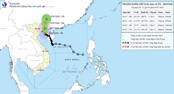 Dự báo về bão số 1 của Trung tâm Dự báo Khí tượng Thủy văn Quốc gia lúc 11h hôm nay, 4/7. Ảnh: NCHMF.