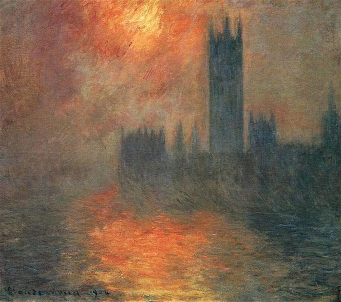 Bức tranh Le Parlement, coucher de soleil (Nhà Quốc hội, cảnh hoàng hôn) do danh họa Claude Monet vẽ. Ảnh: wikiart