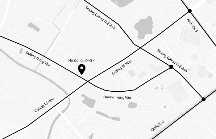 Hồ Đồng Bông 2 nằm trên địa phận phường Đại Mỗ với tổng diện tích mặt nước là 12 ha. Ảnh: Google Map - Đồ họa: Trần Hiền.