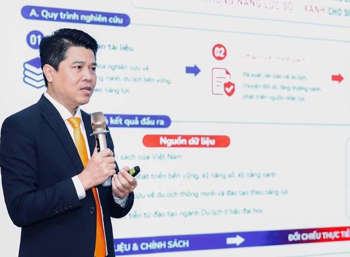 TS. Ngô Quang Duy, Trưởng khoa Du lịch, Trường Đại học Đại Nam, trình bày tham luận về đào tạo nguồn nhân lực du lịch trong bối cảnh chuyển đổi số và chuyển đổi xanh tại hội thảo.