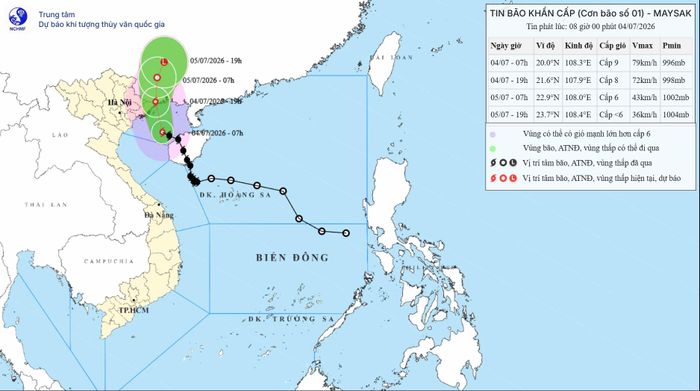  Trung tâm Dự báo khí tượng - thủy văn quốc gia cập nhật vị trí bão số 1 lúc 7 giờ ngày 4-7 