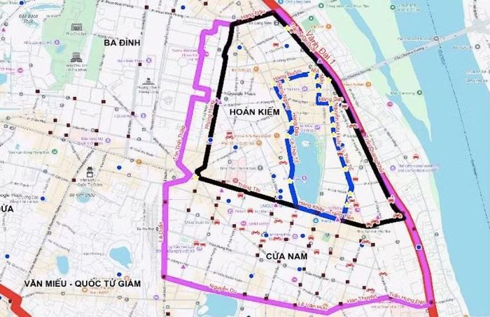 Khu vực thí điểm vùng phát thải thấp tại Hà Nội. Phần tô màu xanh thể hiện phạm vi khu vực 1, gồm 12 tuyến phố thuộc phường Hoàn Kiếm.