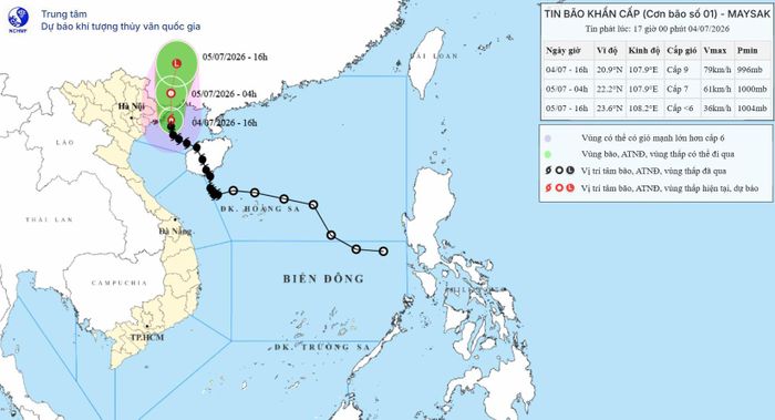 Dự báo quỹ đạo của bão số 1 lúc 17h ngày 4/7/2026. Nguồn: NCHMF
