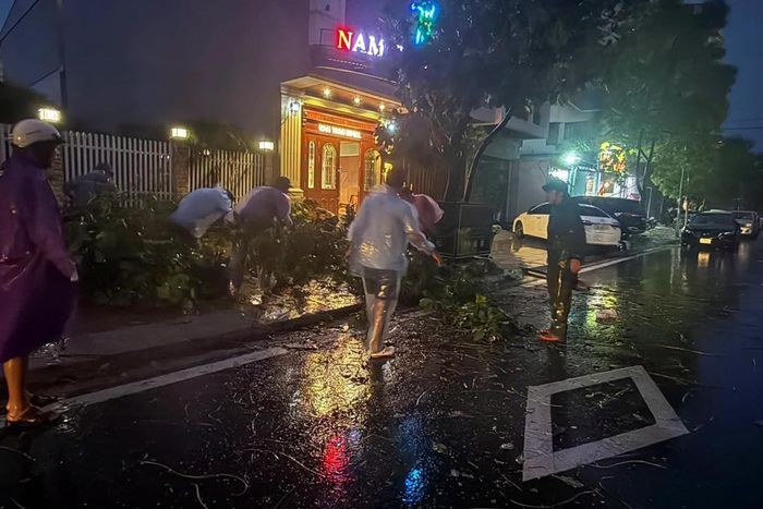 Lực lượng chức năng dọn dẹp cây đổ. Ảnh: Đ.X