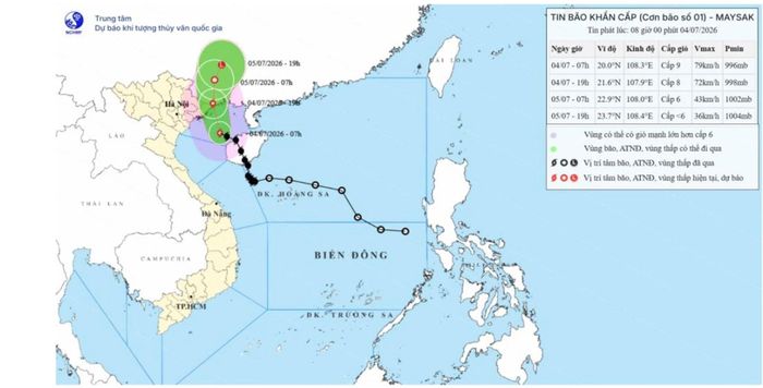 Bản đồ dự báo quỹ đạo và cường độ bão số 01, phát lúc 08h00 ngày 04/7/2026.