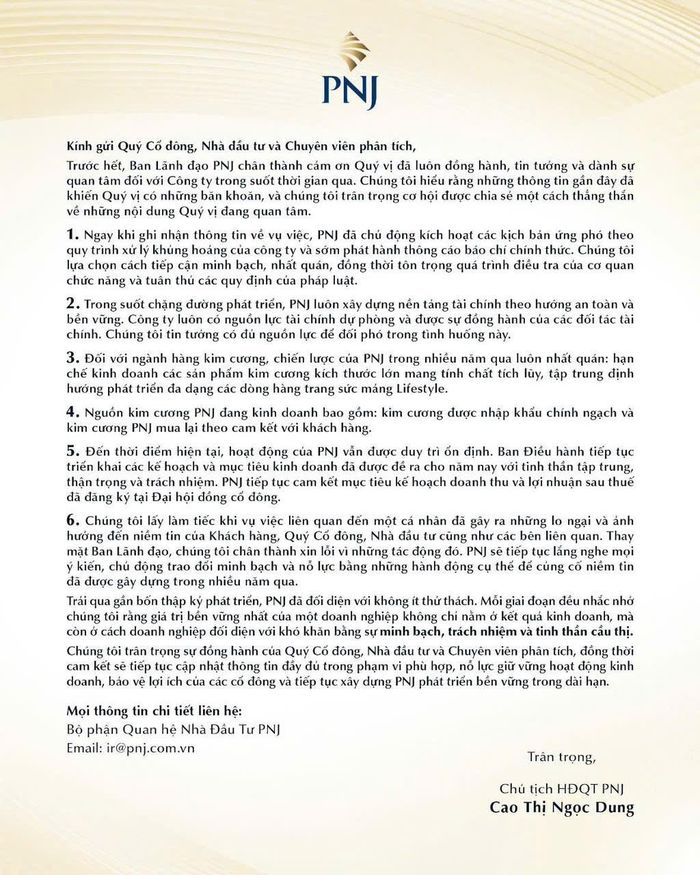  Chủ tịch HĐQT PNJ Cao Thị Ngọc Dung gửi tâm thư gửi tâm thư. Ảnh: PNJ 