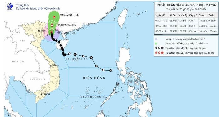 Hướng đi của bão số 1 hồi 19h ngày 4/7. Ảnh: Trung tâm Dự báo Khí tượng Thủy văn quốc gia.