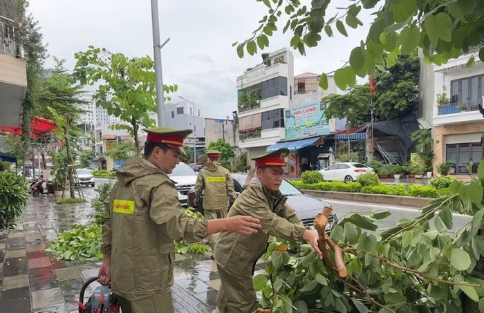 Công an phường Gia Viên (Hải Phòng) hỗ trợ người dân tỉa cắt cây xanh trên đường phố.