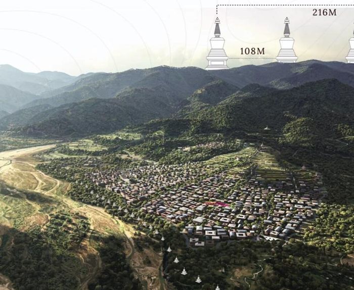 Hình ảnh phối cảnh nghệ thuật của Thành phố Thiền định Gelephu (GMC) với hành lang quy hoạch các tháp Chorten Jangchub hiện đang được thể hiện. Ảnh: buddhistdoor.net