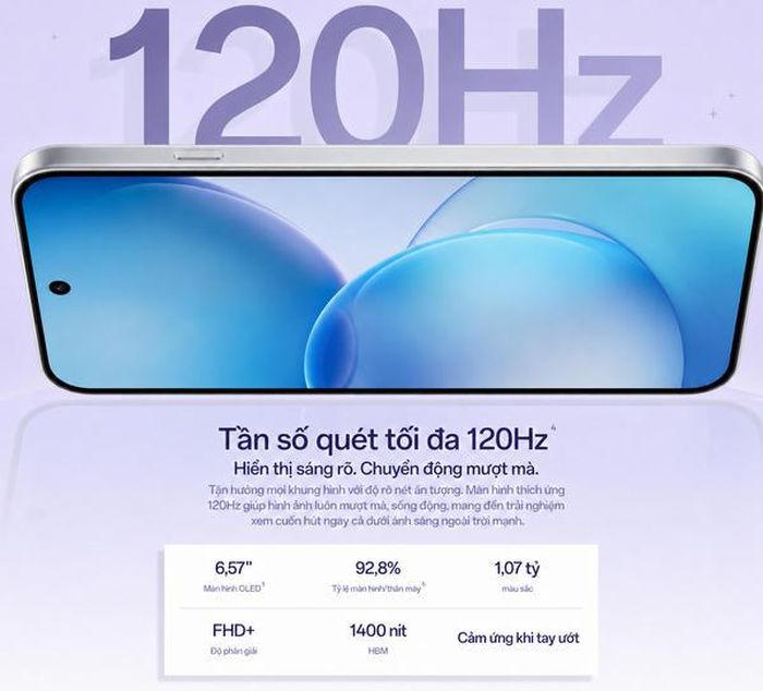 Màn hình OLED 6,57 inch trên OPPO Reno16 F hỗ trợ tần số quét tối đa 120Hz. Ảnh: Viettelstore.