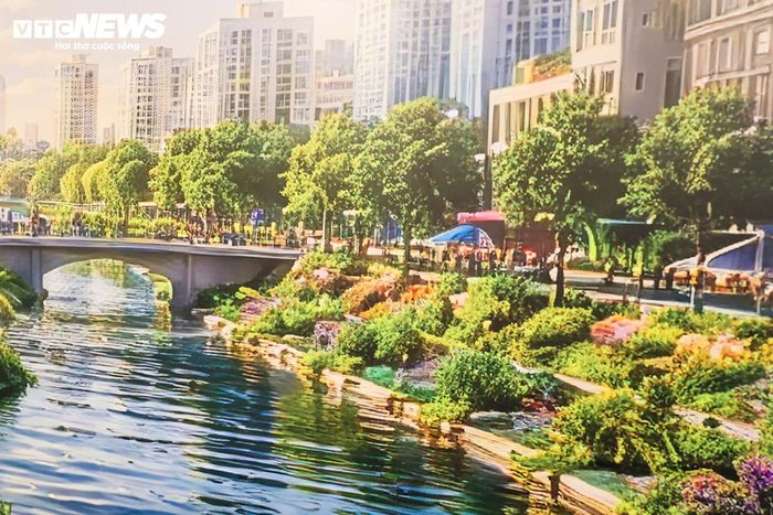 Bên cạnh sông Tô Lịch, triển lãm còn giới thiệu phối cảnh sông Nhuệ sau khi được cải tạo. Theo hình ảnh minh họa, dọc hai bên bờ sông sẽ hình thành các tuyến đi bộ, không gian vui chơi, dịch vụ và hệ thống cây xanh. Xen kẽ là các công trình đô thị hiện đại, tạo nên diện mạo mới cho khu vực ven sông.